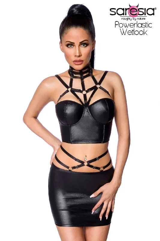 Multi-Strap Wetlook Crop Top With Skirt Set