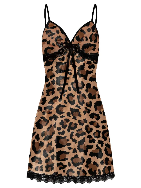 [Pre-Sale] Brown 1950s Leopard Print Lace Sling Sleepwear