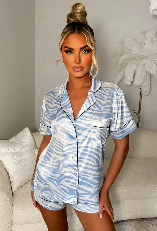 Fool Me Once Blue Satin Short Sleeve Printed PJ Set