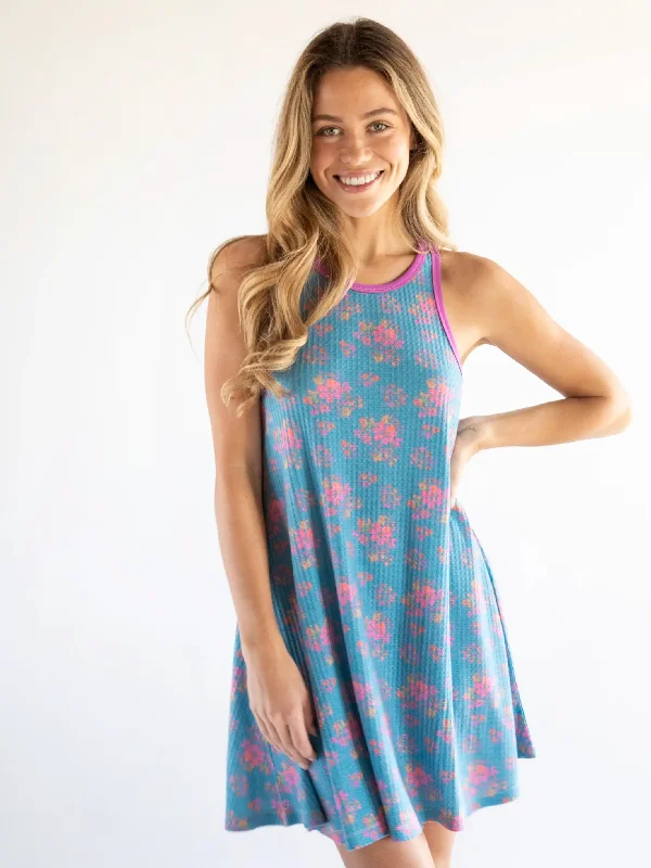 Mix & Match Waffle Nightgown - Turquoise Pink Floral