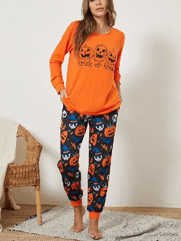 Plus Size Women Halloween Cartoon Pumpkin & Ghost Elastic Waist Jogger Pants Cozy Pajama Set