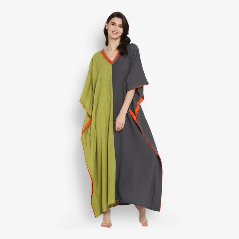 Cotton V-Neck Kaftan | Olive Green & Grey