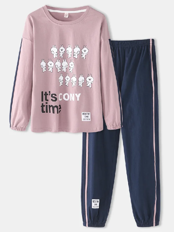 Women Cartoon Rabbits Print Long Sleeve Elastic Waist Jogger Pannts Home Cotton Pajamas Sets