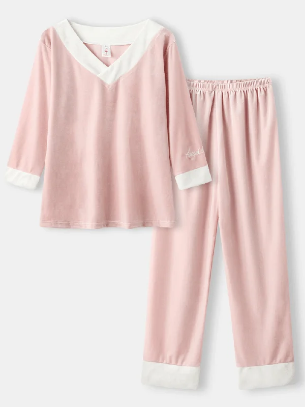 women-velour-contrast-v-neck-letter-embroidery-cuff-cozy-pajamas-sets