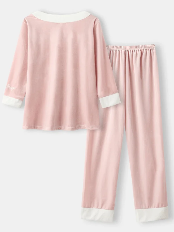 women-velour-contrast-v-neck-letter-embroidery-cuff-cozy-pajamas-sets