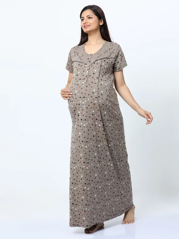 Cotton Blend Maternity Feeding Nighty Khaki