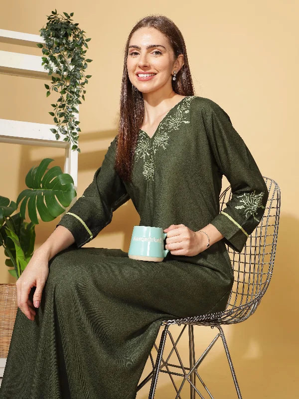 Emerald A-Line Rayon Nighty 3/4 Sleeve Embroidery Maxi Nightdress