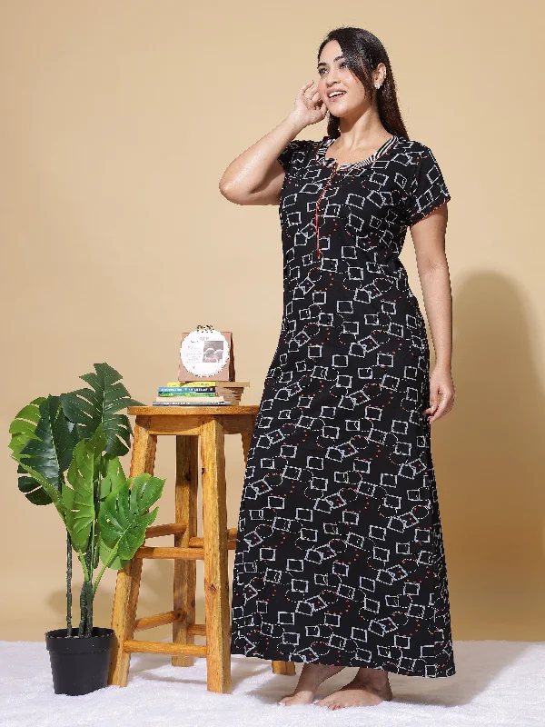 Hosiery Cotton Designer Maxi Black Nighty