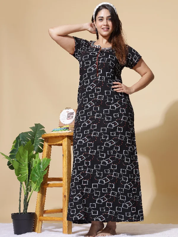 Hosiery Cotton Designer Maxi Black Nighty