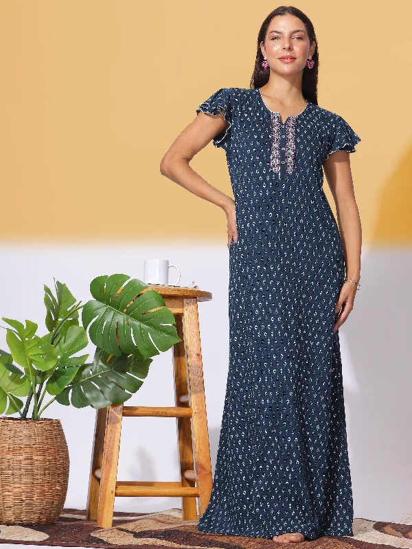 Hosiery Cotton Designer Navy Blue Maxi Nighty