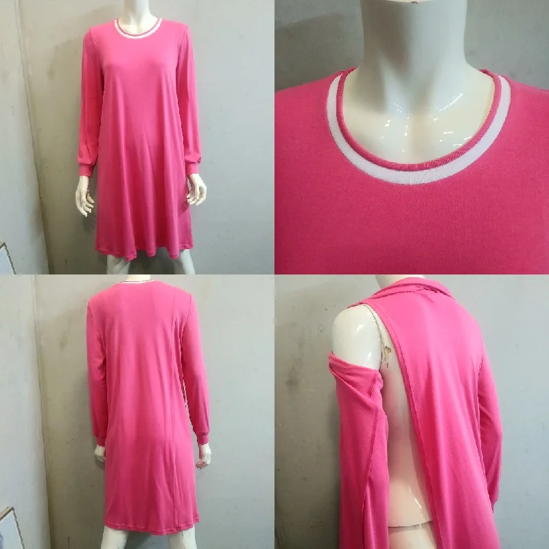 (L61) Ladies Nightie - Long Sleeves - ROSE PINK with Rose & White Neck Band