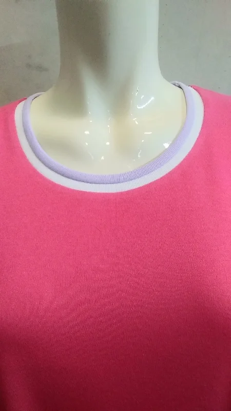 (L61) Ladies Nightie - Long Sleeves -ROSE PINK with Lilac & White Neck Band