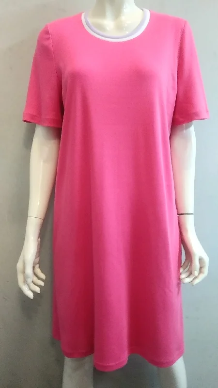 (L6) Ladies Nightie - Short  Sleeves - ROSE PINK with Lilac & White Neck Band