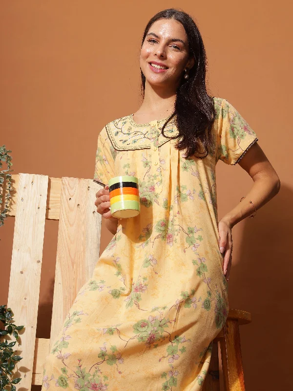 Luxurious Golden Yellow Floral Maxi Nightgown with Neck Embroidery