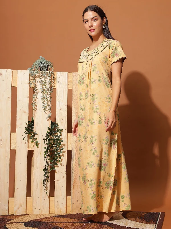 Luxurious Golden Yellow Floral Maxi Nightgown with Neck Embroidery