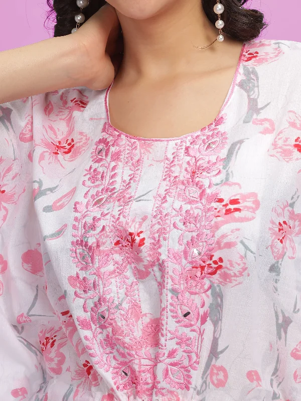 White Cotton Light Pink Floral Kaftan Dress