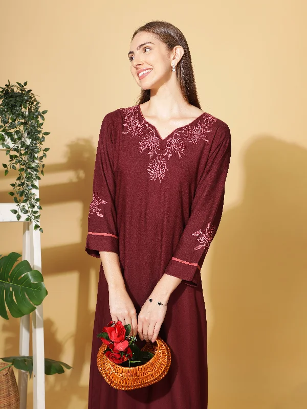 Ruby A-Line Rayon Nighty Elegant 3/4 Sleeve Embroidery Maxi Nightdress