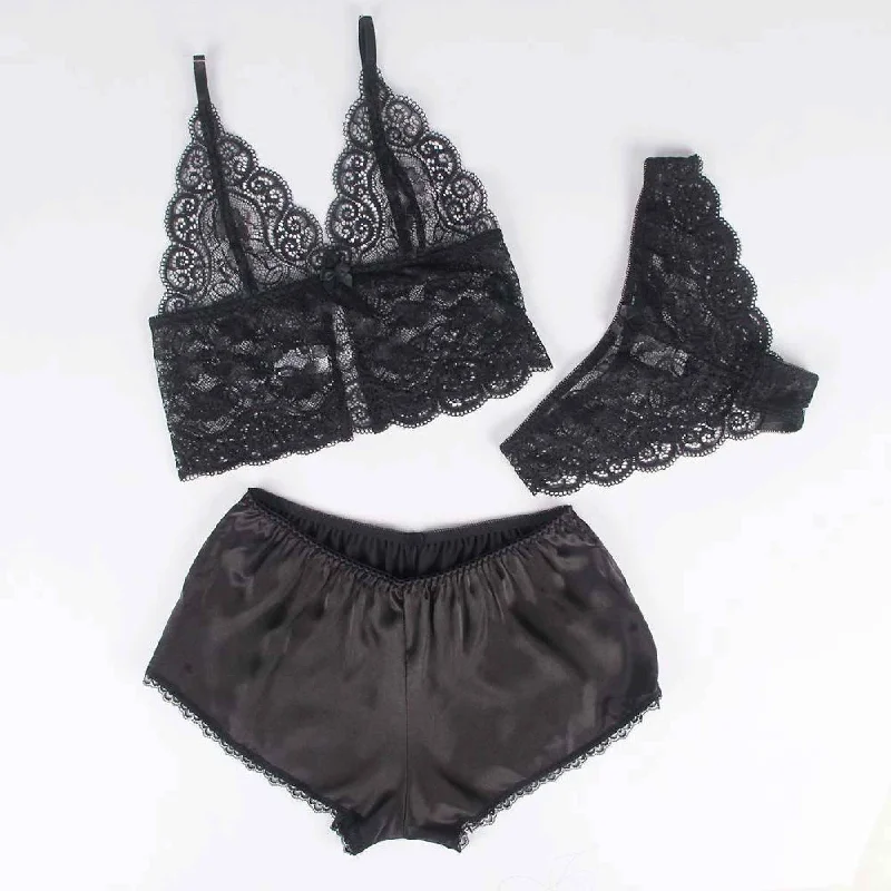 Black 3 Piece Lingerie Lace Set - Bra Panties Boxer Sexy Simulated Silk Underwear