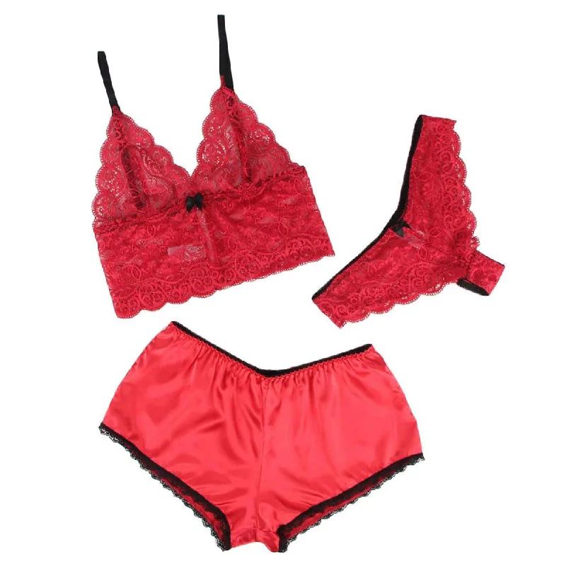 Red 3 Piece Lingerie Lace Set - Bra Panties Boxer Sexy Simulated Silk Underwear