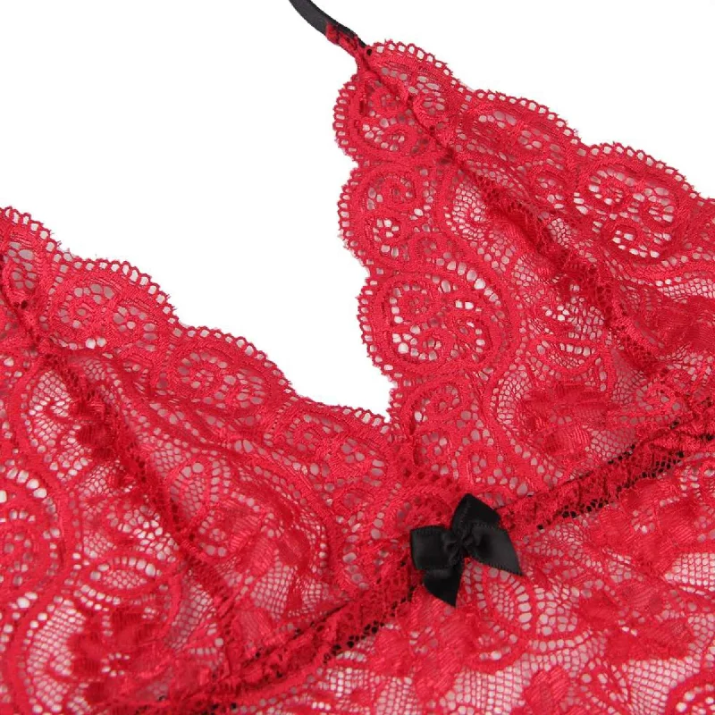 Red 3 Piece Lingerie Lace Set - Bra Panties Boxer Sexy Simulated Silk Underwear