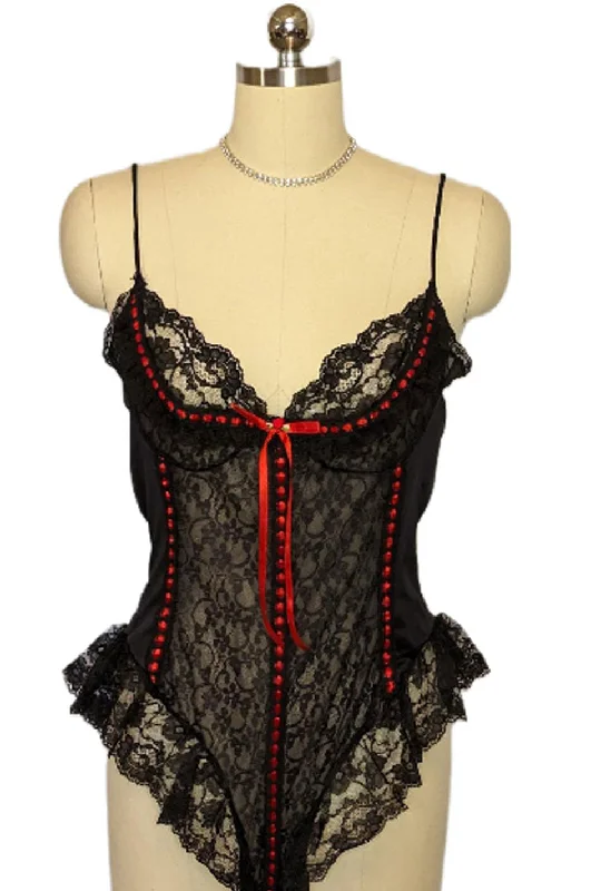 *  GORGEOUS VINTAGE SIZE LARGE BLACK LACE AND RED SATIN RIBBON TEDDIE  TEDDIES