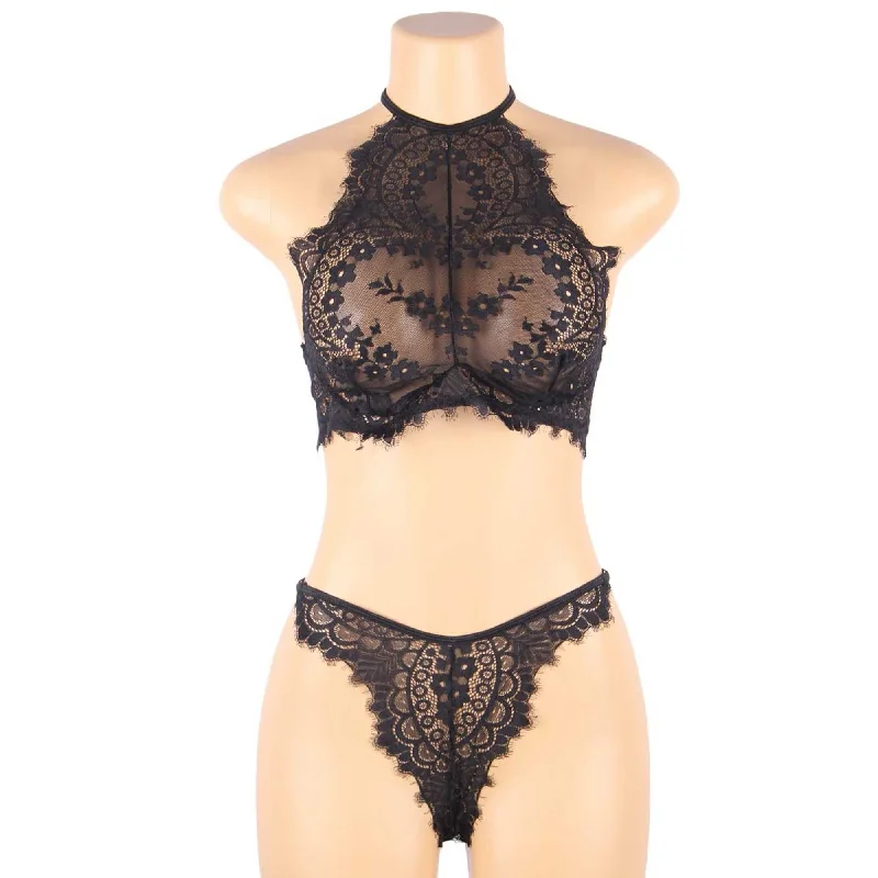 Black Lace Halter Top 2 Piece Set - Lingerie Bra Panties Sexy Underwear