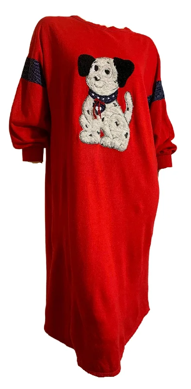 Shaggy Spotted Doggy Applique Red Sweatshirt Nightgown circa 1980s