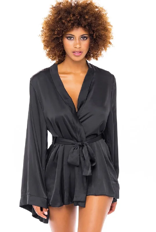 Soft Satin Black Long Sleeve Robe